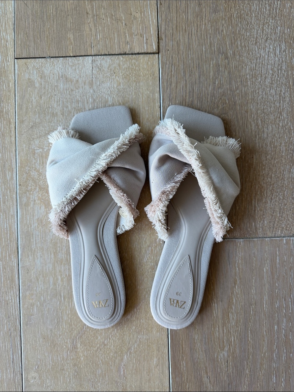 Zara Neutral Frayed Cross-Front Slide Sandals